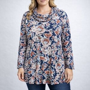 NWT Papa Vancouver Blue & Orange Floral Abstract Sailor Collar Tunic Top